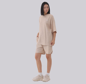 White London Clothing beige textured cotton shorts with elasticated waistband and side pockets. Relaxed fit.