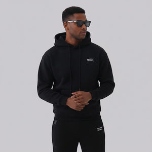 White London Clothing black 100% cotton hoodie with printed logo on chest and back, double lined hood.