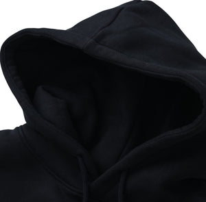 White London Clothing black cotton Dopamine Hoodie with drawstring hood and large logo on back.