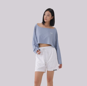 White London Clothing light blue oversized fit long sleeve cropped sweatshirt with white drawstring shorts