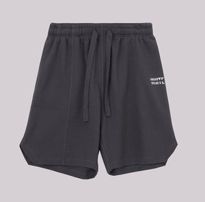 White London Clothing charcoal grey textured cotton shorts with elasticated waistband, drawcord, and white logo accent on left leg.