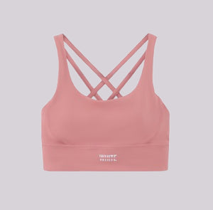 White London Clothing dusty rose sports bra with criss-cross straps and removable padding, ideal for yoga.