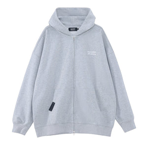 White London Clothing light grey jersey zip-up hoodie with dropped shoulders and embroidered logo. Features a 2-way zipper and ribbed cuffs.