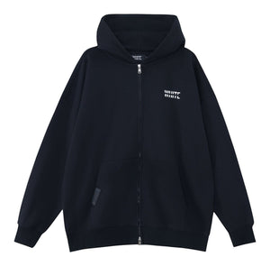 White London Clothing navy blue zip-up hoodie made from 100% jersey with dropped shoulders and a 2-way zipper.