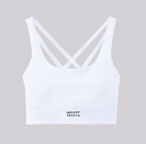 White London Clothing white sculpt sports bra with criss-cross spaghetti straps and removable padding.