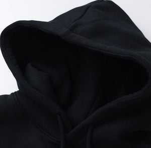 White London Clothing black 100% cotton signature hoodie with double lined hood and printed logo on back.