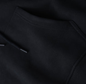White London Clothing black 100% cotton signature hoodie with a front pocket and drawstring. Designed in London.