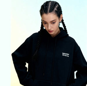 White London Clothing black 100% cotton hoodie with white logo on chest and back, featuring a double-lined hood and relaxed fit.