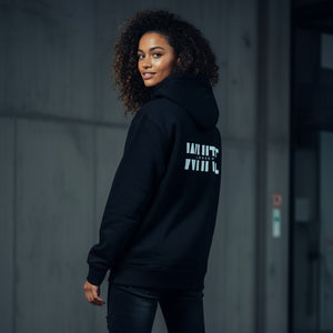 White London Clothing black 100% cotton hoodie with large white logo print on back and small logo on chest. Model wears size M.