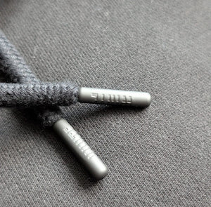 White London Clothing charcoal grey 100% cotton hoodie drawstring aglets with embossed logo detail.