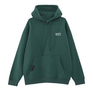 White London Clothing dark green 100% cotton hoodie with a double-lined hood, printed logo on chest and back, and embossed logo tag on pocket.