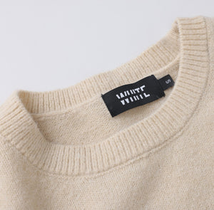 White London Clothing taupe knitted sweater with crew neck and ribbed trim. Soft yarn, timeless silhouette for women.