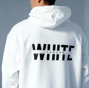 White London Clothing white 100% cotton hoodie with large black logo print on back and double-lined hood.
