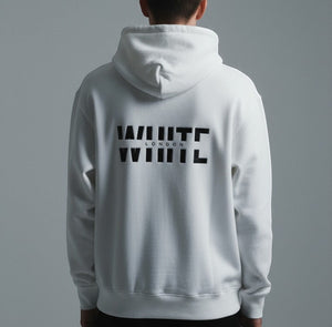 White London Clothing white 100% cotton hoodie with large black logo print on back and chest. Model wearing size M.