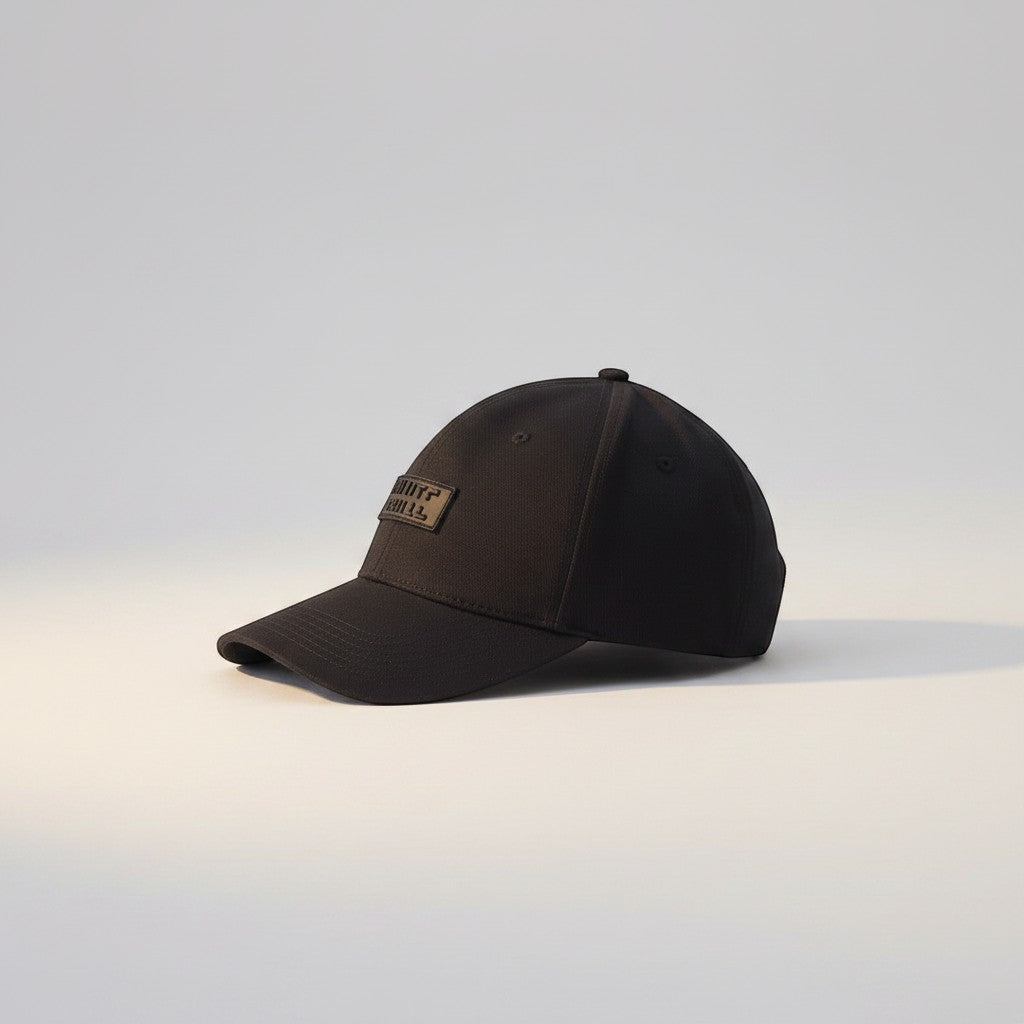 White London Clothing black cotton twill baseball cap with a tonal embroidered patch and pre-curved brim.