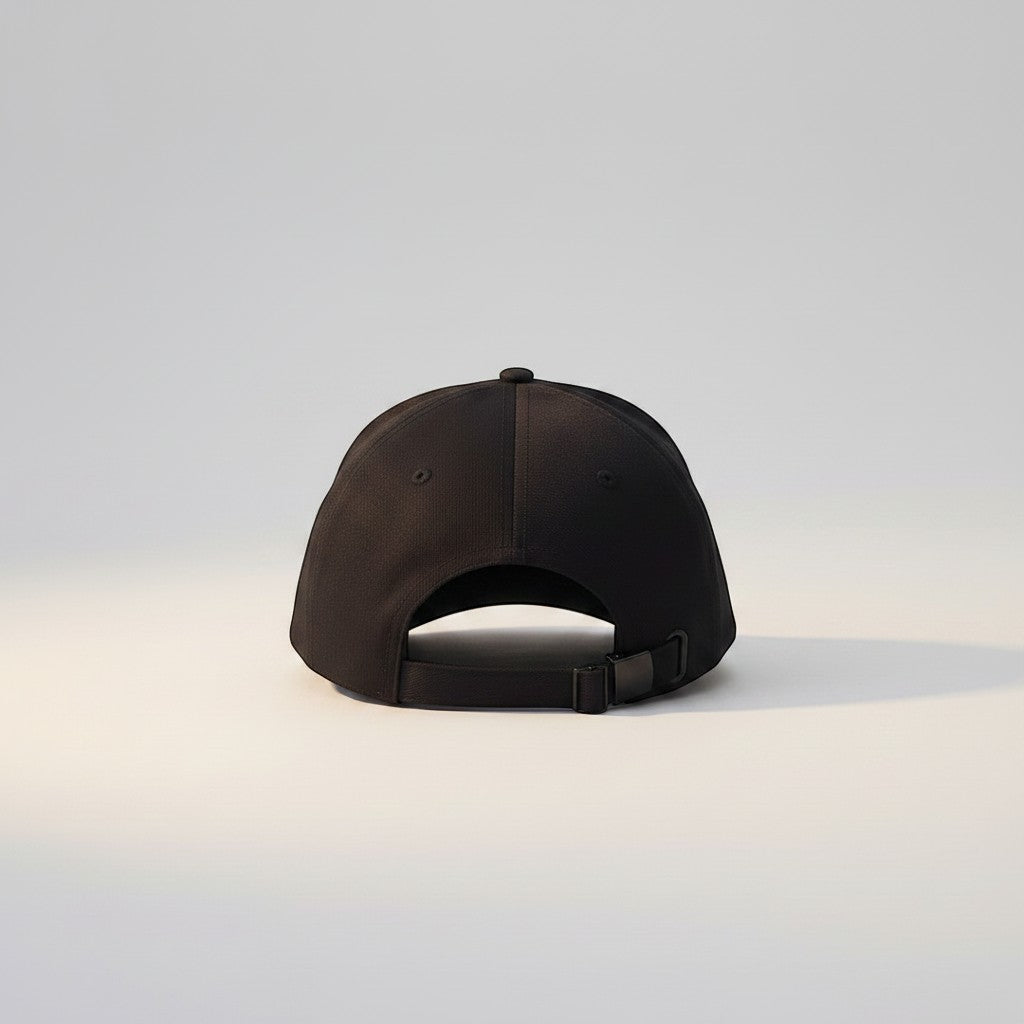 White London Clothing black cotton twill baseball cap with adjustable strap and six-panel design.