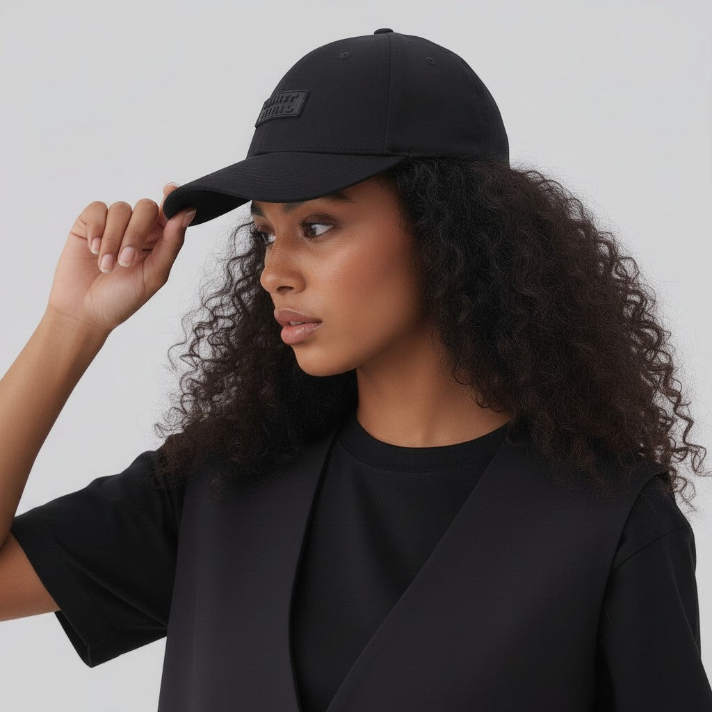 White London Clothing black cotton twill unisex cap with a tonal embroidered patch and pre-curved brim.