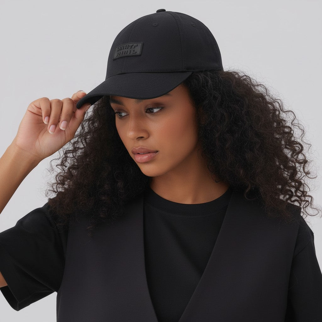 White London Clothing unisex black cotton twill baseball cap with tonal front patch and pre-curved brim.