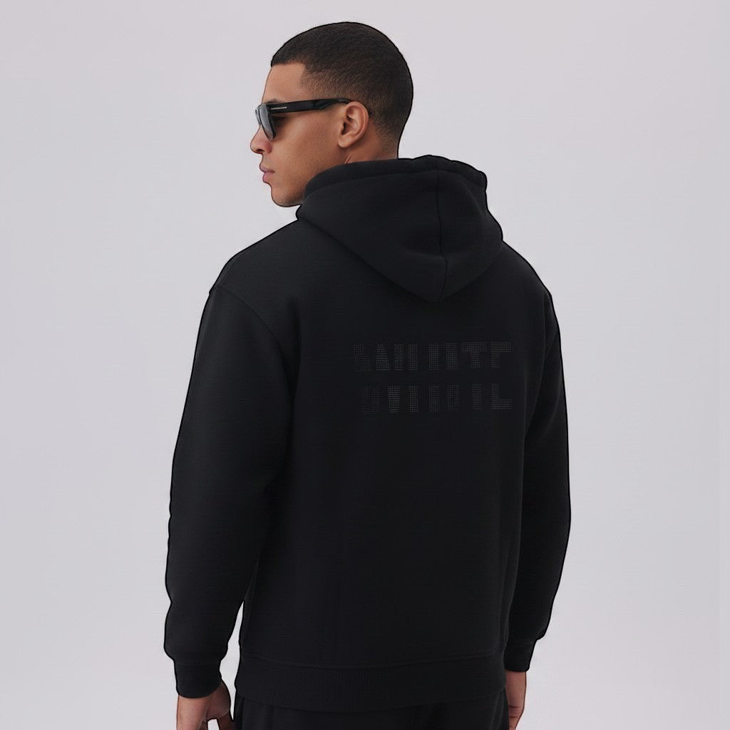White London Clothing black 100% cotton hoodie with large logo print on back and embossed logo tag on pocket.