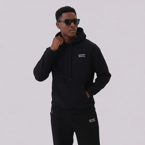 White London Clothing black 100% cotton hoodie with printed logo on chest and back. Features double lined hood.