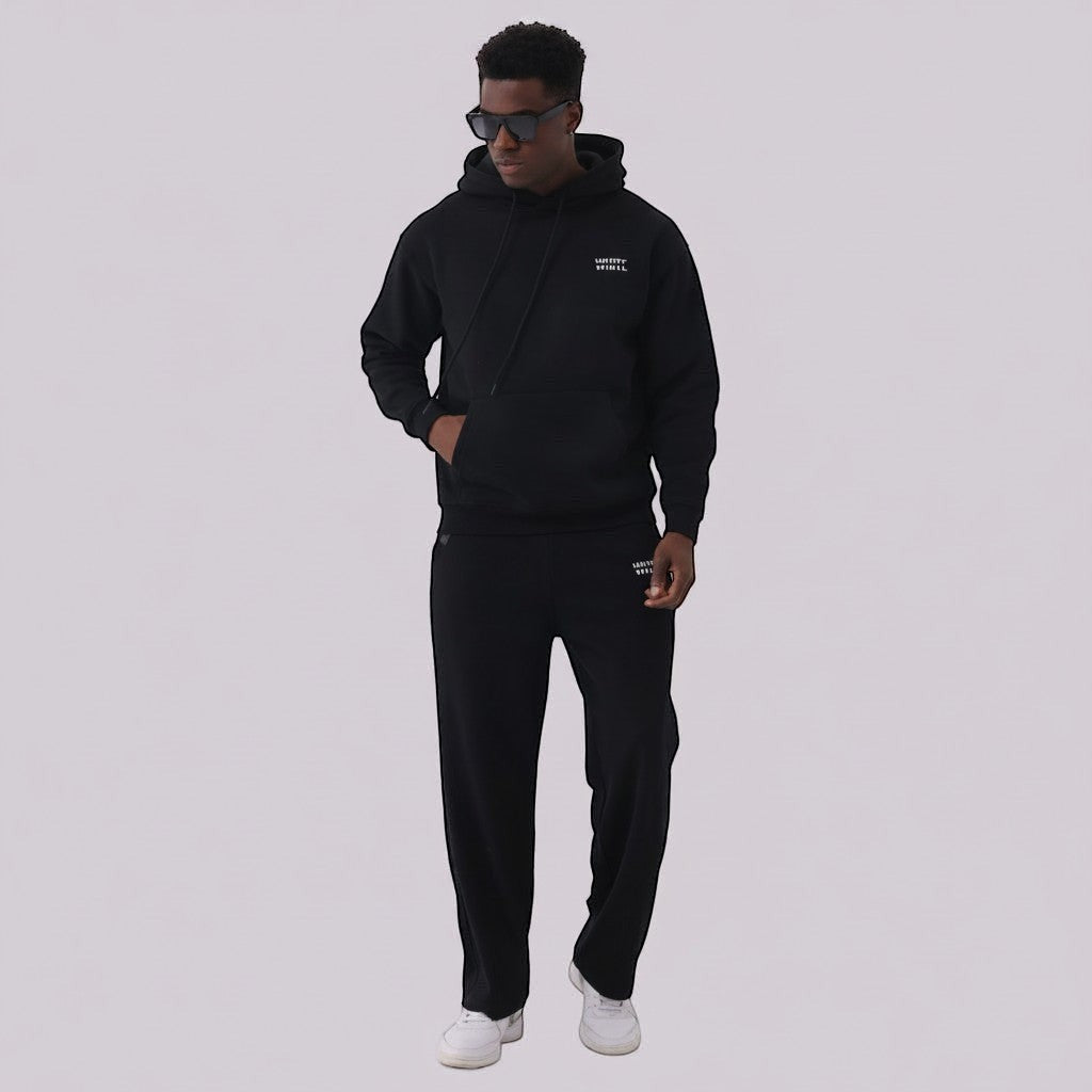 White London Clothing black 100% cotton hoodie with printed logo on chest and back, and matching sweatpants.