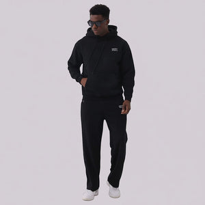White London Clothing black 100% cotton hoodie with printed logo on chest and back, and matching sweatpants.