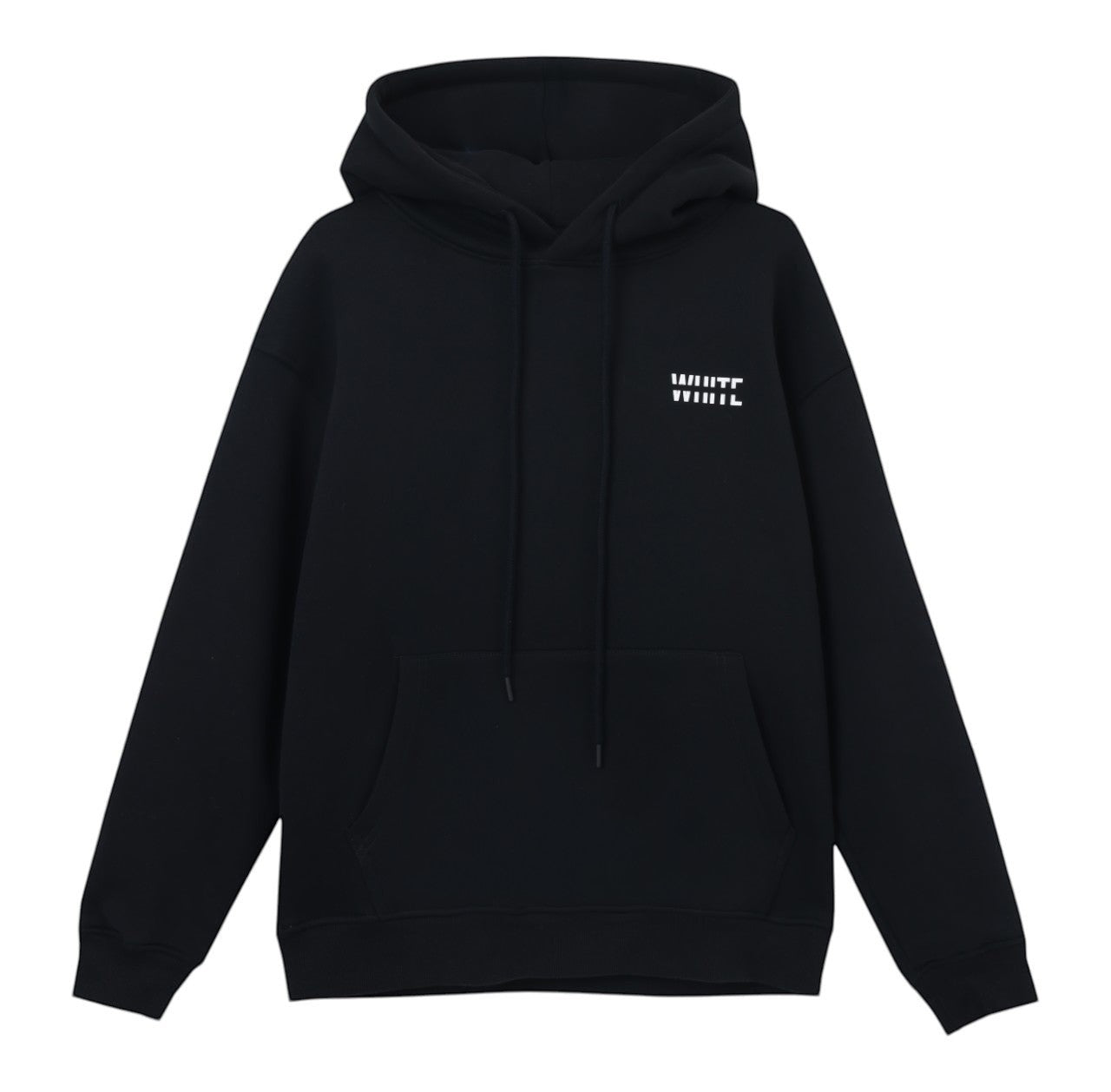 White London Clothing black cotton Dopamine hoodie with white logo print on chest and back. Features a front pocket and drawstring hood.