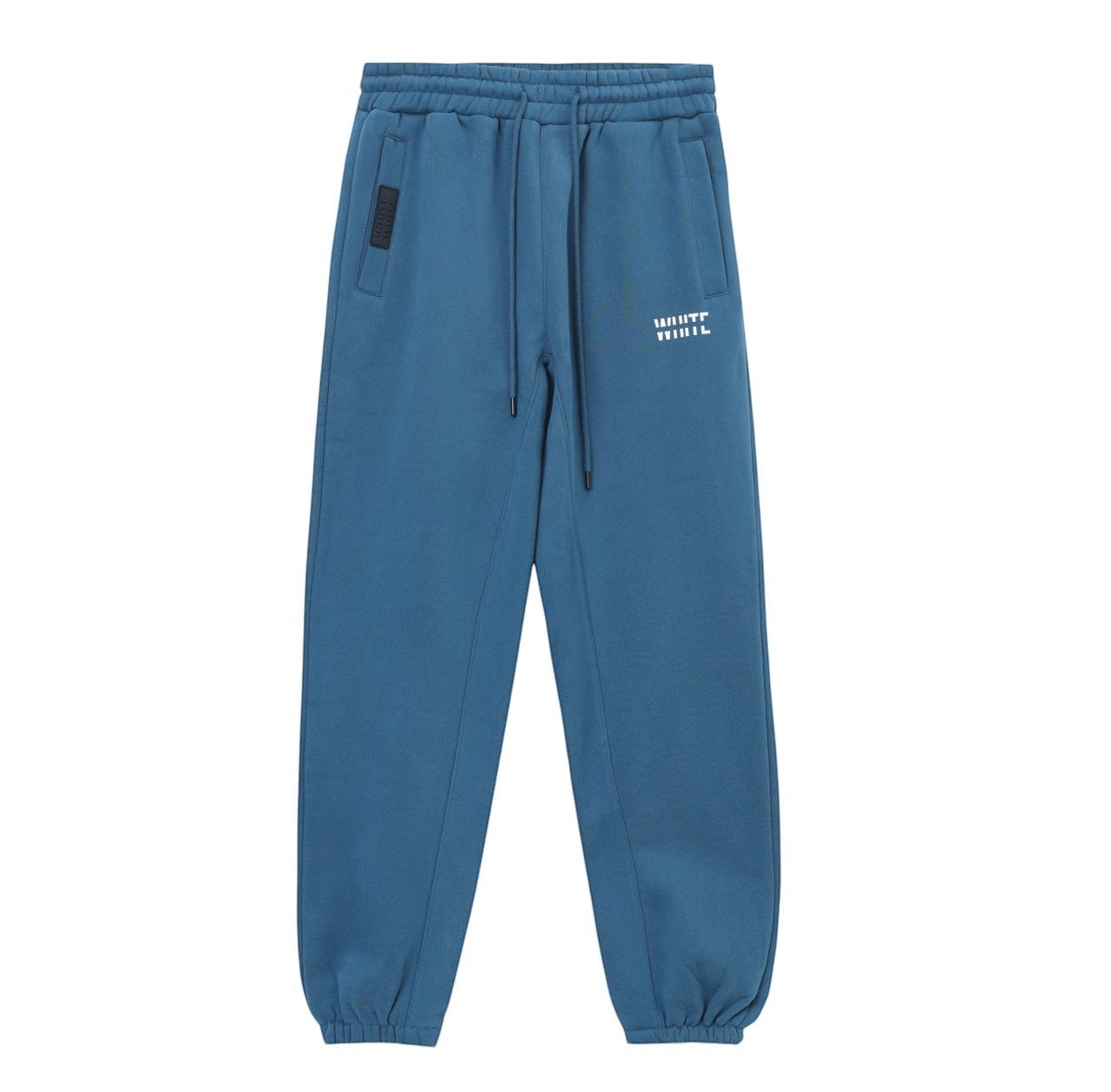White London Clothing blue cotton jersey joggers with white logo on left thigh and embossed tag on pocket.