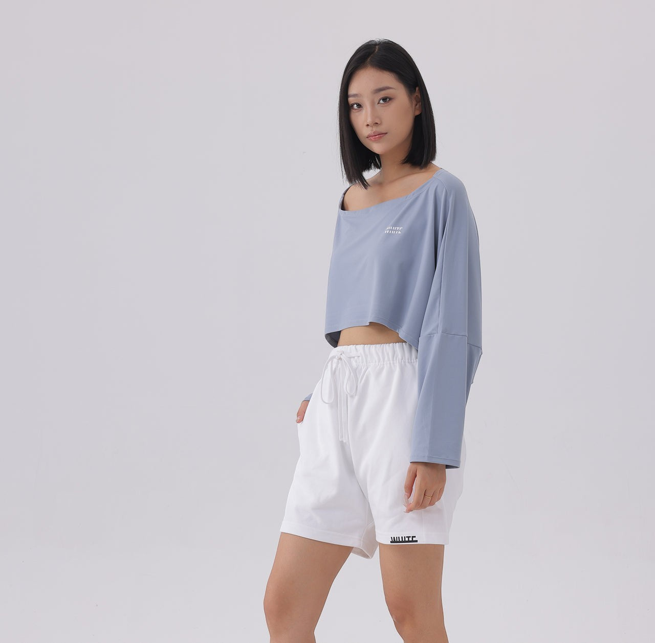 White London Clothing light blue oversized cropped long sleeve sweatshirt with white drawstring shorts