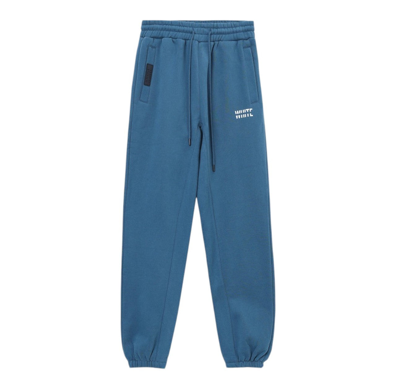 White London Clothing blue cotton jersey joggers with drawstring waist, logo print on left thigh, and elasticated cuffs.