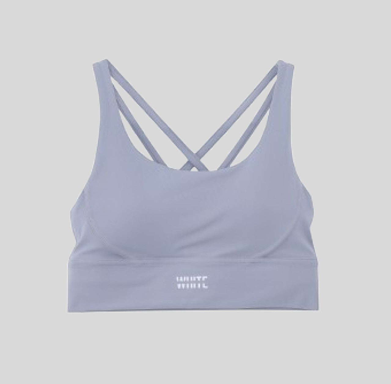 White London Clothing light blue women's sculpt sports bra with spaghetti strap back and removable padding.