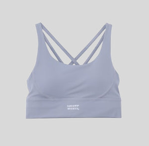 White London Clothing light blue women's sculpt sports bra with spaghetti strap back and removable padding.