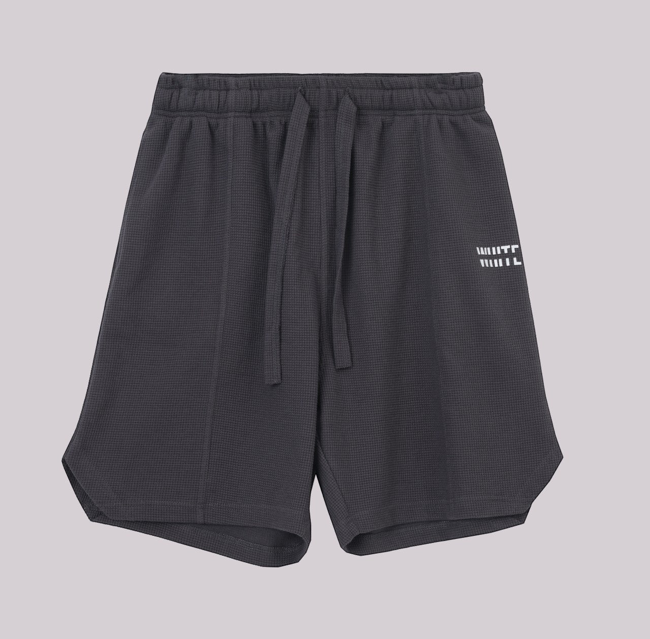 White London Clothing charcoal grey textured cotton shorts with elasticated waistband, drawcord, and white logo accent on left leg.