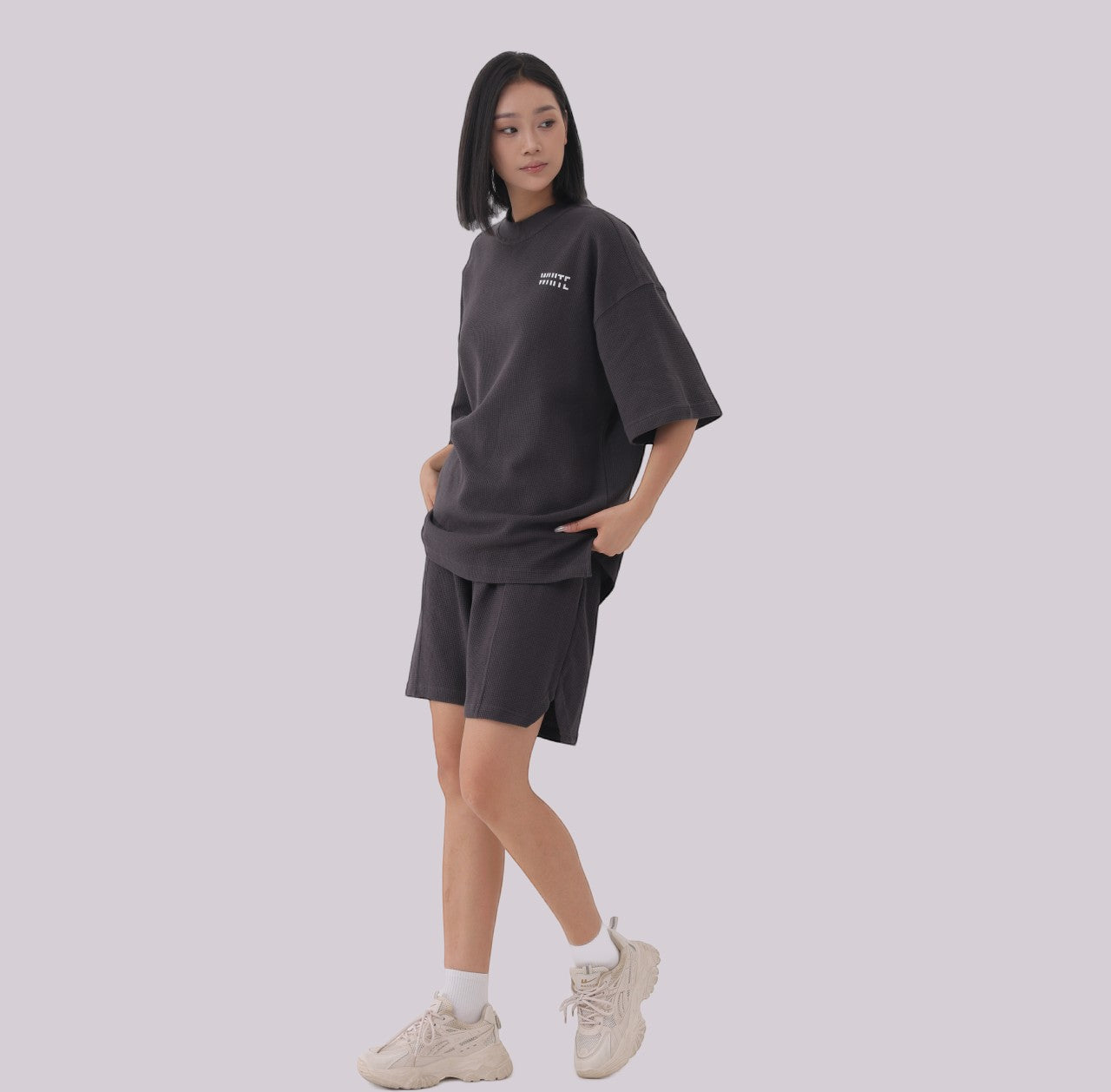 White London Clothing charcoal grey textured cotton shorts with elasticated waistband and side pockets.