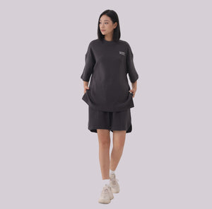 White London Clothing charcoal grey textured cotton shorts with elasticated waistband and side pockets.