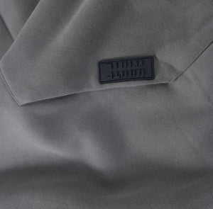 White London Clothing charcoal grey 100% cotton Dopamine Hoodie with embossed logo tag on pocket.