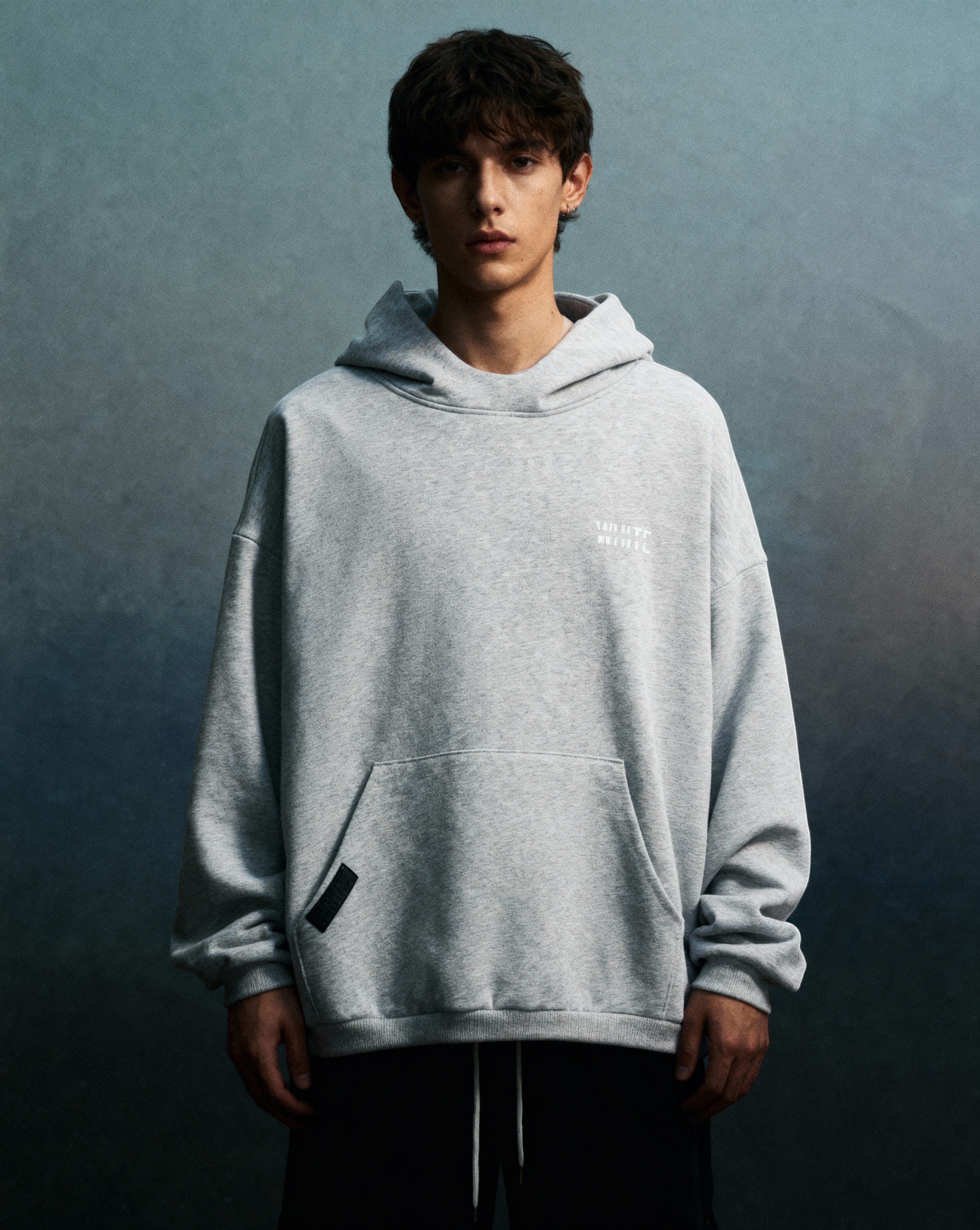 White London Clothing light grey 100% cotton Dopamine Hoodie with front pocket and printed logo on chest and back.