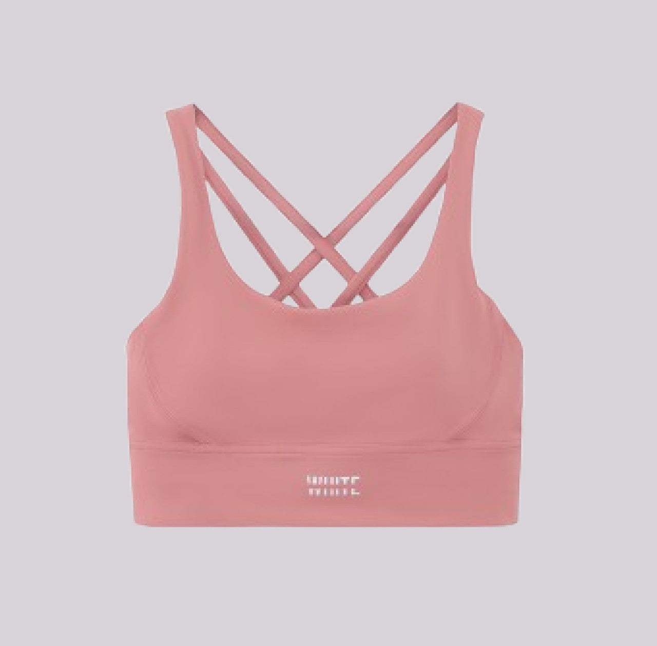 White London Clothing dusty rose sports bra with criss-cross straps and removable padding, ideal for yoga.