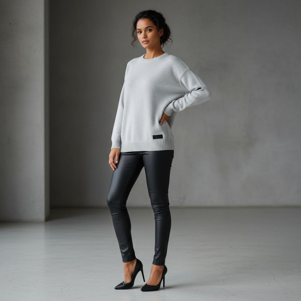 White London Clothing light grey oversized merino wool blend knitted sweater with textured boucle yarn and embossed logo tag.