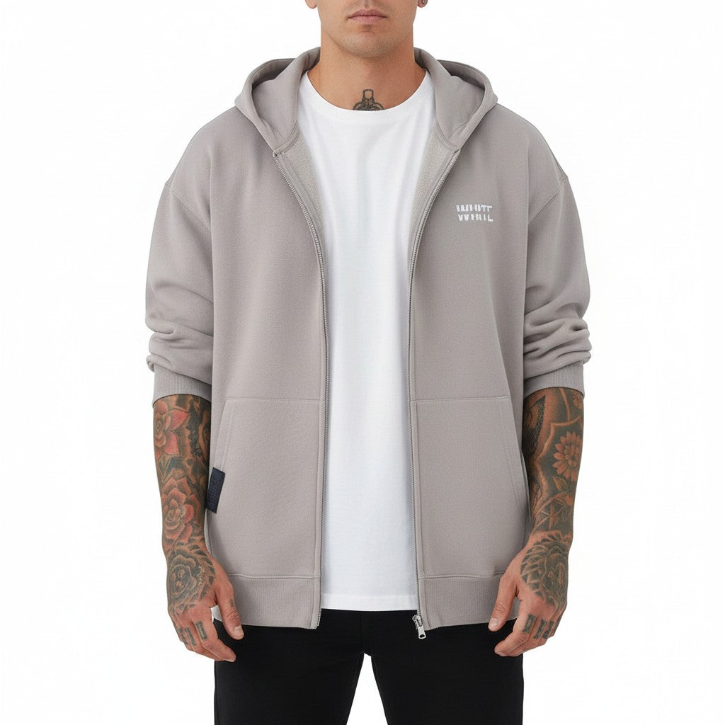 White London Clothing grey zip-up hoodie in 100% jersey with dropped shoulders and WL logo detail.