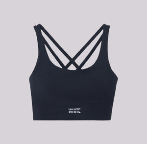 White London Clothing navy blue sculpt sports bra with spaghetti strap back and removable padding.
