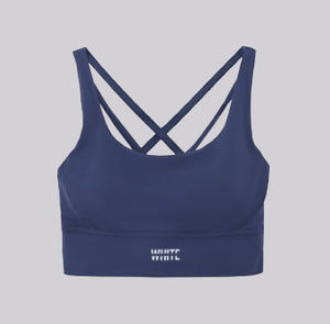 White London Clothing navy blue sculpt sports bra with criss-cross spaghetti straps and removable padding.