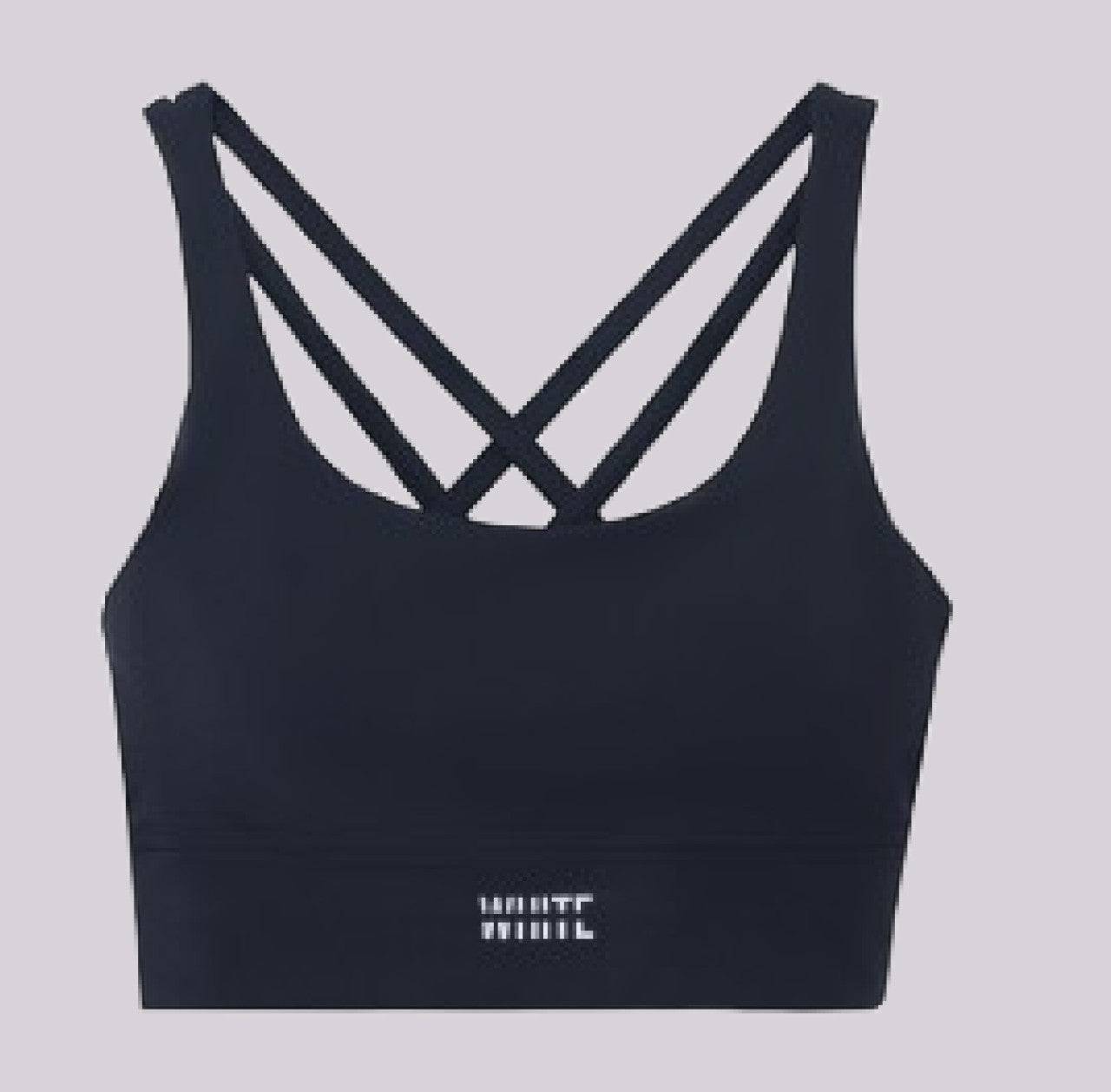 White London Clothing navy blue women's sculpt sports bra with spaghetti strap back and removable padding.