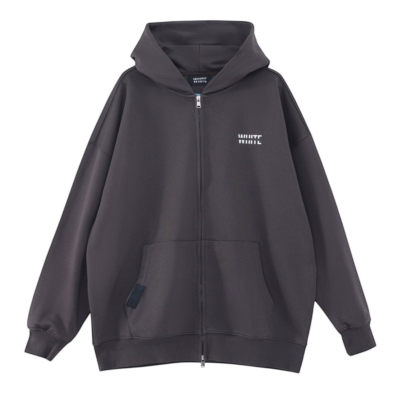White London Clothing charcoal grey zip-up hoodie made from 100% jersey with dropped shoulders and a 2-way zipper.