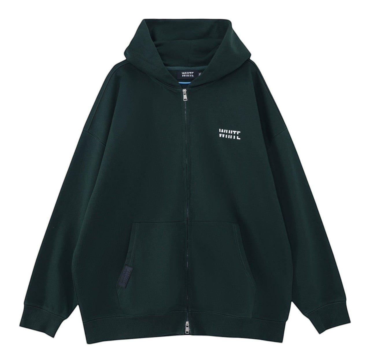 White London Clothing dark green zip-up hoodie made from 100% jersey with dropped shoulders and a 2-way zipper.