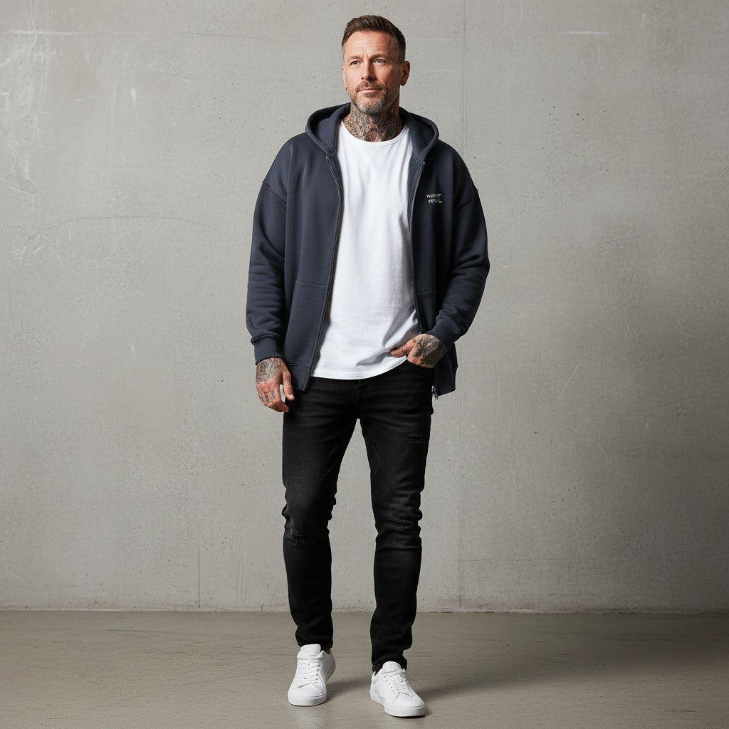 White London Clothing dark grey 100% jersey zip-up hoodie with dropped shoulders and embroidered logo.