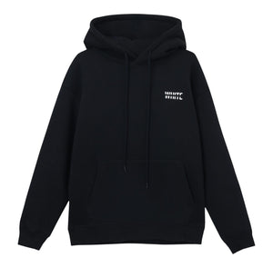White London Clothing black 100% cotton hoodie with a double-lined hood, front pocket, and printed logo on chest and back.