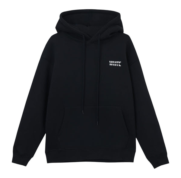 White London Clothing black 100% cotton hoodie with a double-lined hood, front pocket, and printed logo on chest and back.