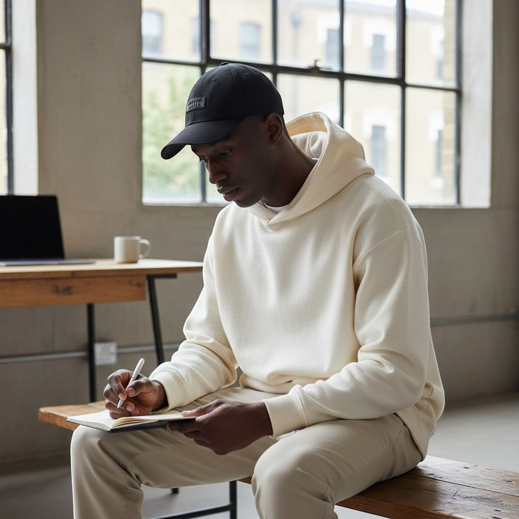 White London Clothing black cotton twill baseball cap with tonal embroidered patch on front, worn by a man.