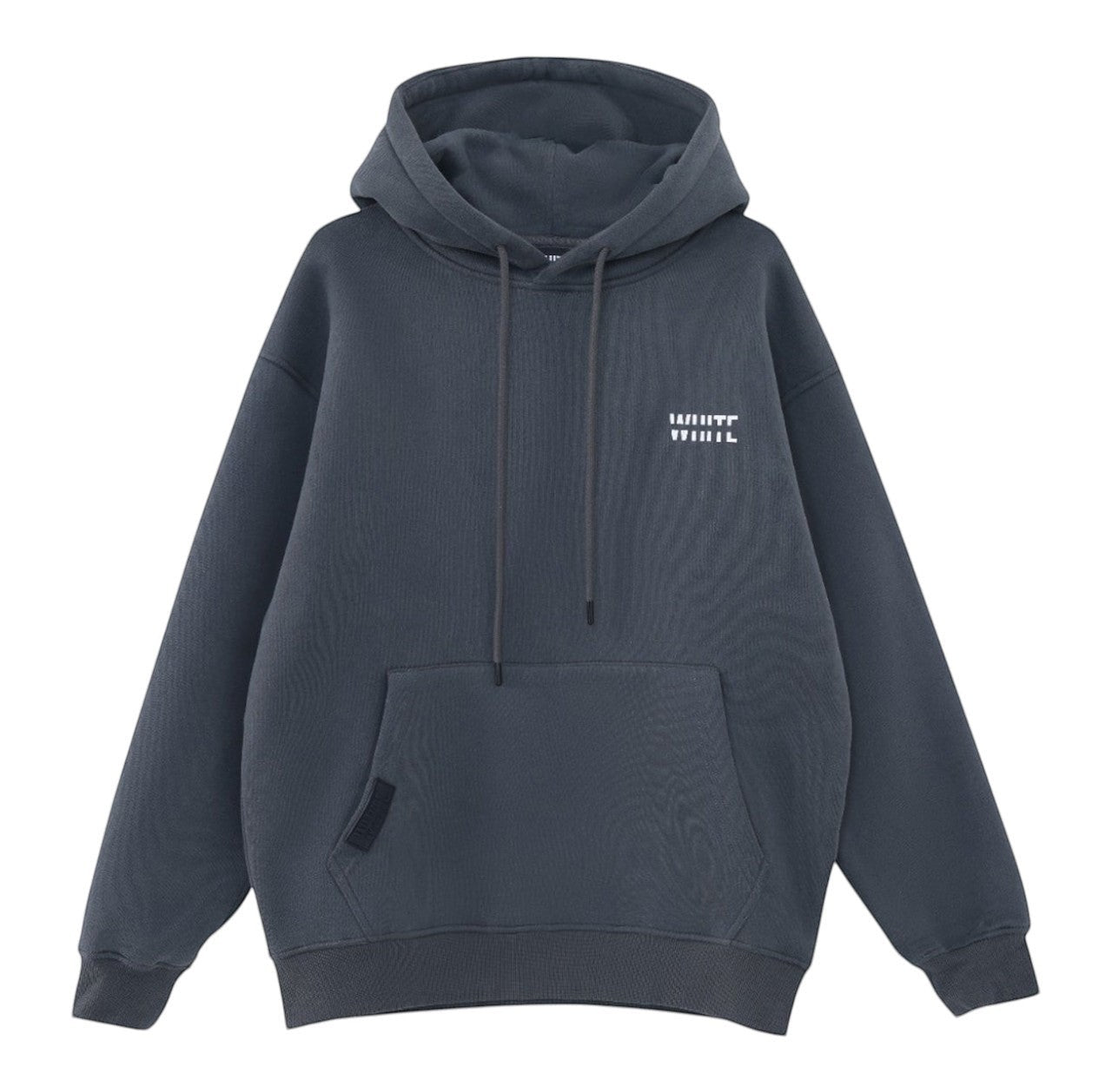 White London Clothing charcoal grey 100% cotton hoodie with a double-lined hood, printed logo on chest and back, and embossed logo tag on pocket.